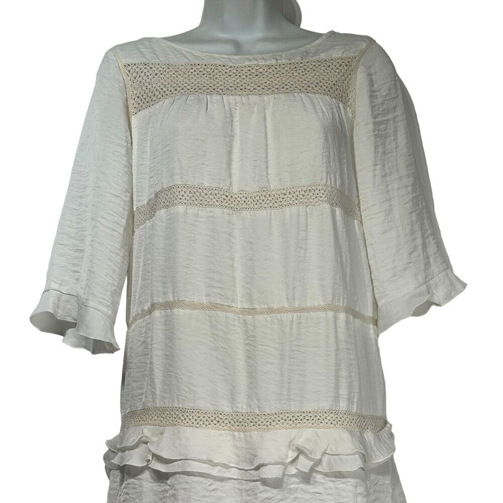 Who What Wear White Ivory Ruffle Tiered Crochet 3/4 Sleeve Short Dress Size S - Picture 2 of 7